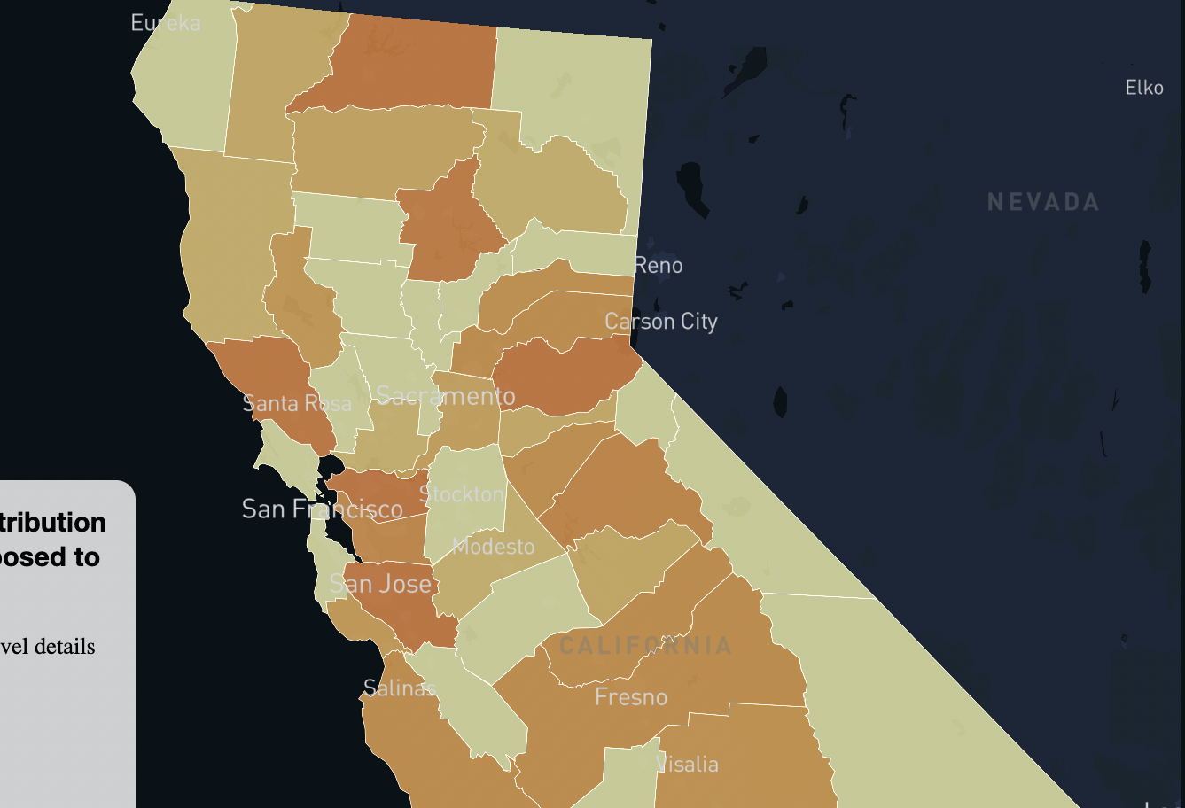 A choropleth map of California showing shades of orange to show fire risks.