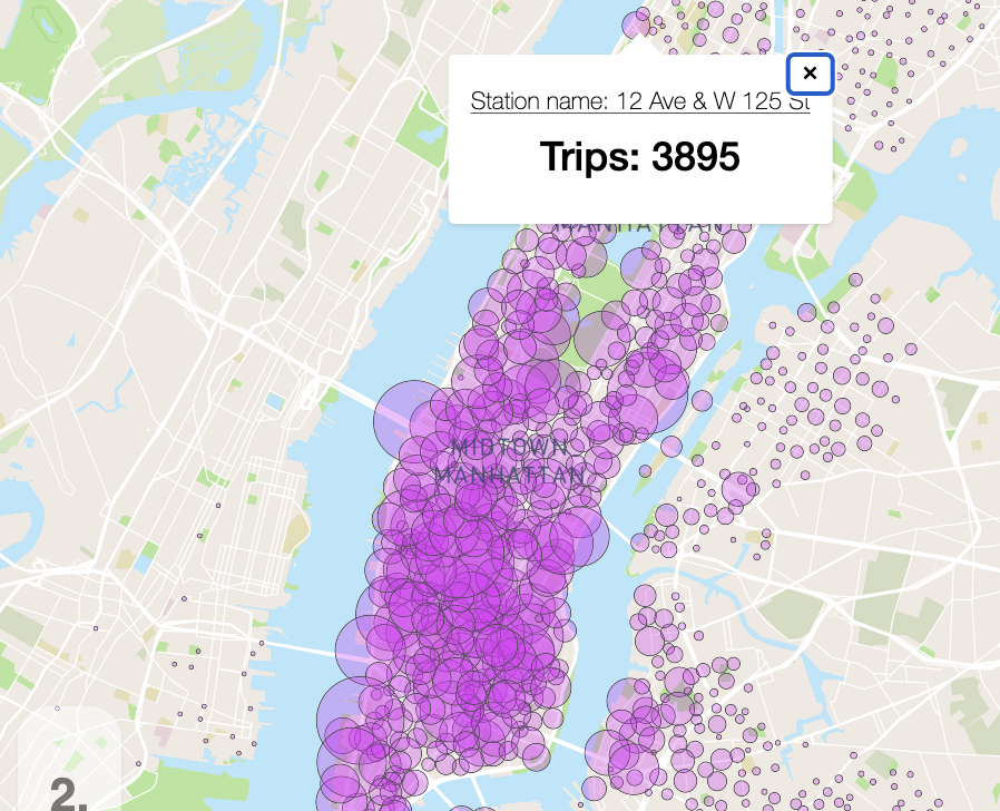 A bubble map of NYC with a popup showing the name of a bike station and number of rides.
